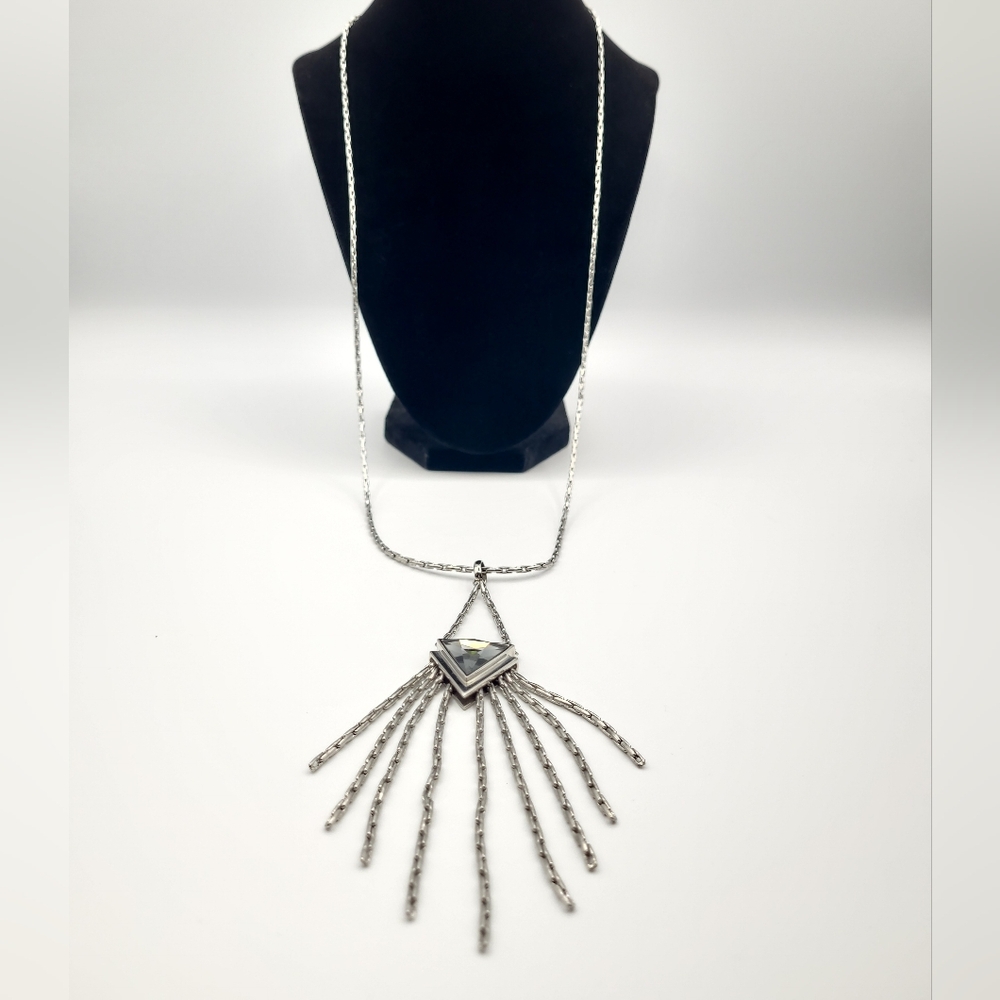 Tocara Signed Silver Tone Fringe Necklace Geometric Pendant Statement